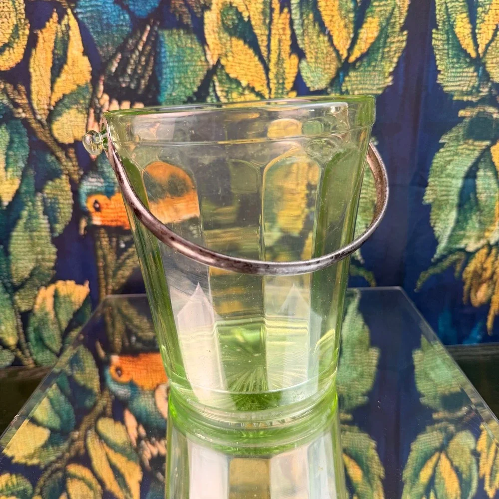 Vintage Green Uranium Glass Ice Bucket Paneled Vaseline Glass Glows UV 6 Inch